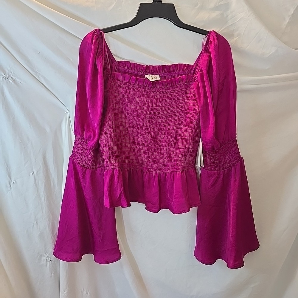 Meraki Pink Satin Fairy Renaissance‎ Flare Sleeve Crop Smocked Top Women's L NWT
